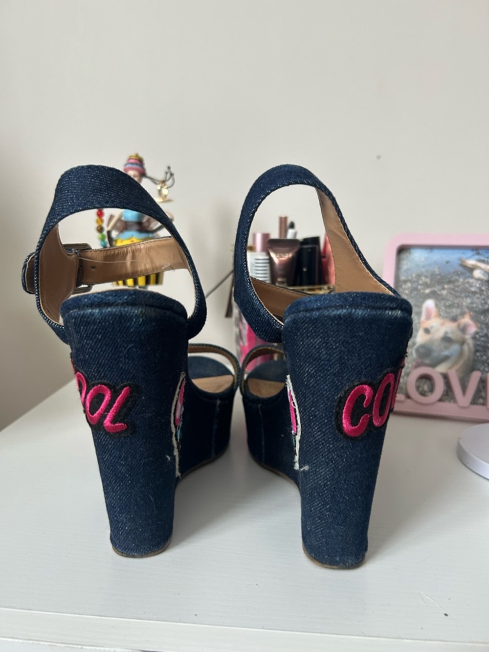 Denim Wedge Sandals with Rainbow & Heart Patches - Picture 5 of 7